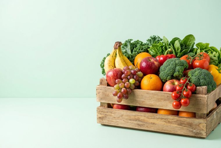 Crate of fresh fruits and vegetables